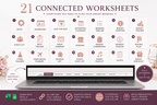 A digital product listing graphic for a wedding planning spreadsheet bundle titled '21 Connected Worksheets'. The graphic displays a grid of 21 numbered worksheet icons with labels like 'Setup', 'Dashboard', 'Save the Date', 'Budget Tracker', and 'Guest List' in a soft pink and white color scheme.