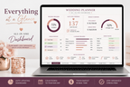 A laptop displaying a wedding planner dashboard interface, surrounded by decorative pink flowers and a copper candle holder on a light gray background. Text on the left reads 'Everything at a Glance' and 'All-In-One Dashboard'.