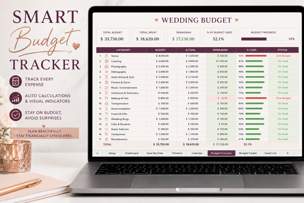 A laptop displaying a digital 'Smart Budget Tracker' wedding budget spreadsheet on screen, styled on a desk next to a gold cup and notebook with a graphic overlay describing the tracker features.