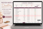 A laptop displaying a wedding timeline planner interface on screen, with promotional text on the left reading 'NEVER MISS A Deadline' and '30 PRE-FILLED TASKS TO KEEP YOU ON TRACK.' The scene is styled as a clean marketing graphic with decorative flowers and a pen on a tabletop background.