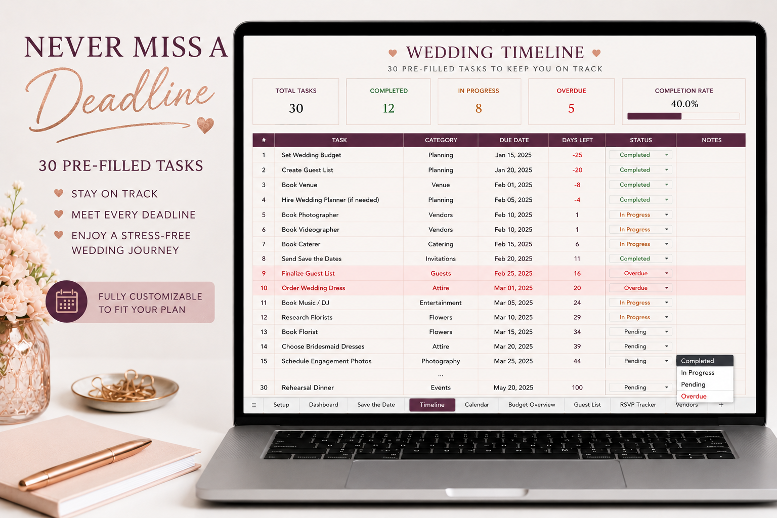 A laptop displaying a wedding timeline planner interface on screen, with promotional text on the left reading 'NEVER MISS A Deadline' and '30 PRE-FILLED TASKS TO KEEP YOU ON TRACK.' The scene is styled as a clean marketing graphic with decorative flowers and a pen on a tabletop background.