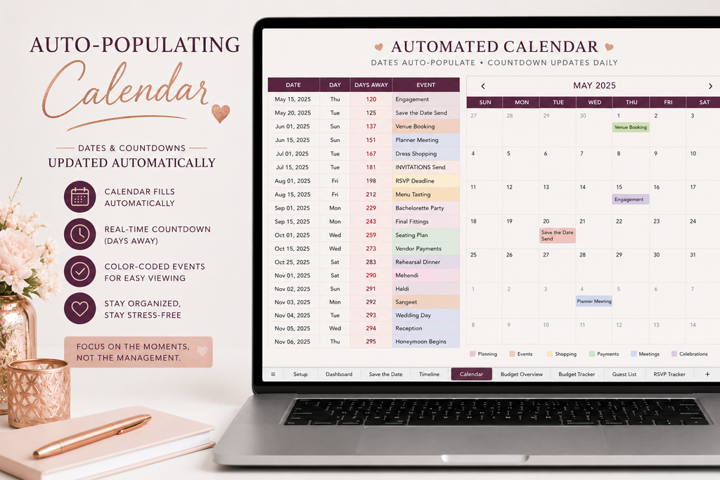 A laptop on a desk displaying an automated calendar planner interface, with promotional text on the left reading 'Auto-Populating Calendar' and icons describing features like automatic filling and real-time countdown updates.