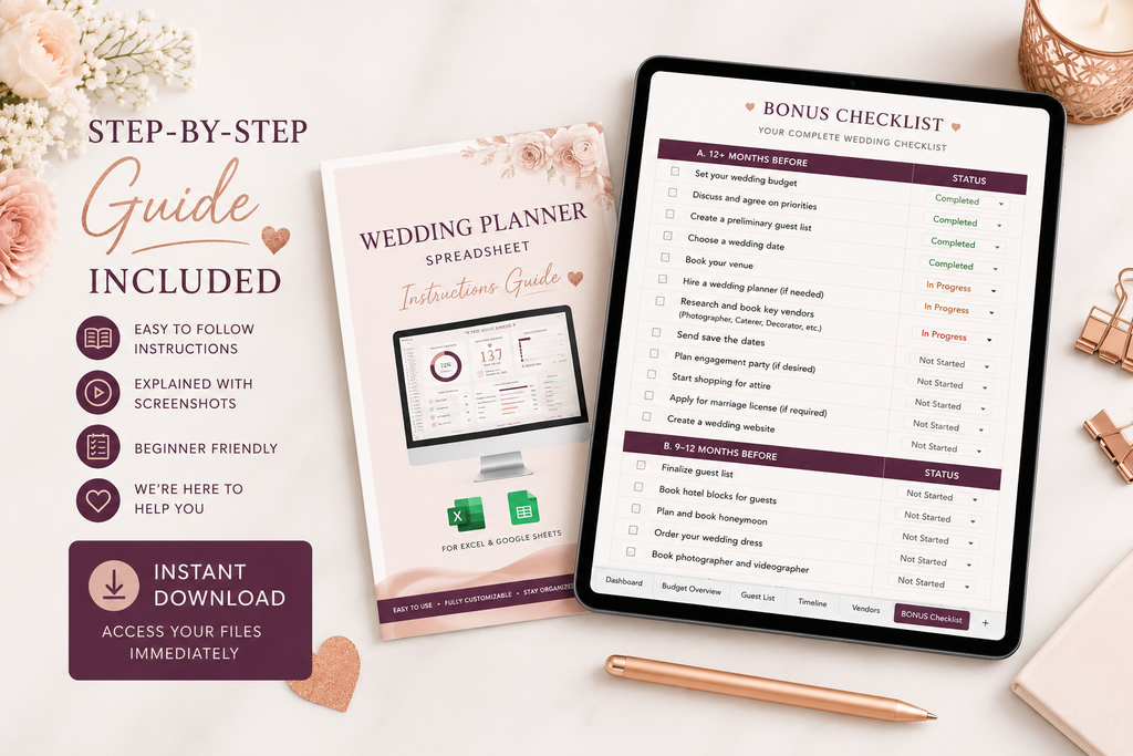 A wedding planner spreadsheet guide shown on a tablet screen and a printed booklet, styled on a light beige surface with flowers, rose gold accessories, and a pencil. Text on the left says the guide is included and describes it as a step-by-step wedding planner spreadsheet guide.