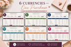 A promotional graphic for a digital planner template showing six wedding budget currency planners side by side. The image includes decorative lifestyle props like flowers, a notebook, and a coffee cup on a light beige background.