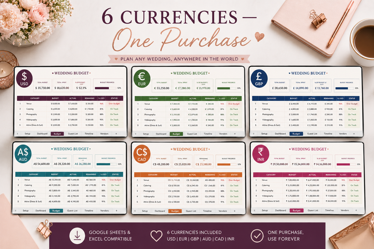 A promotional graphic for a digital planner template showing six wedding budget currency planners side by side. The image includes decorative lifestyle props like flowers, a notebook, and a coffee cup on a light beige background.