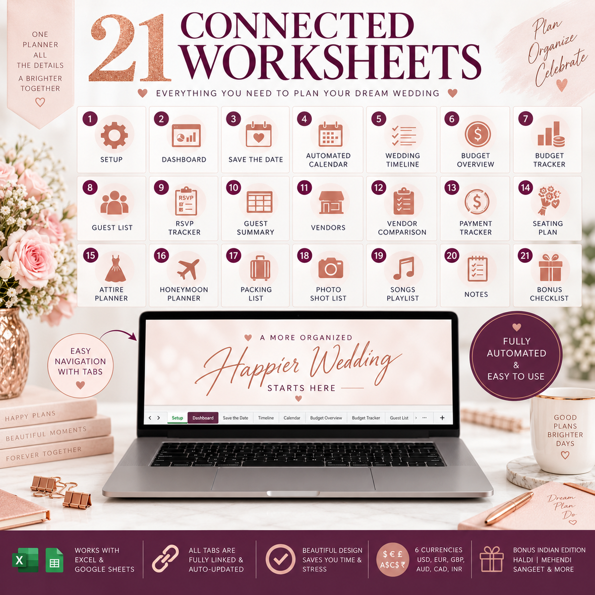 Wedding Planner Spreadsheet Excel Template 21 Tabs Digital Wedding Planning Budget Tracker