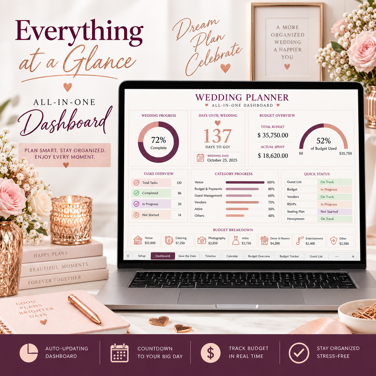 Wedding Planner Spreadsheet Excel Template 21 Tabs Digital Wedding Planning Budget Tracker