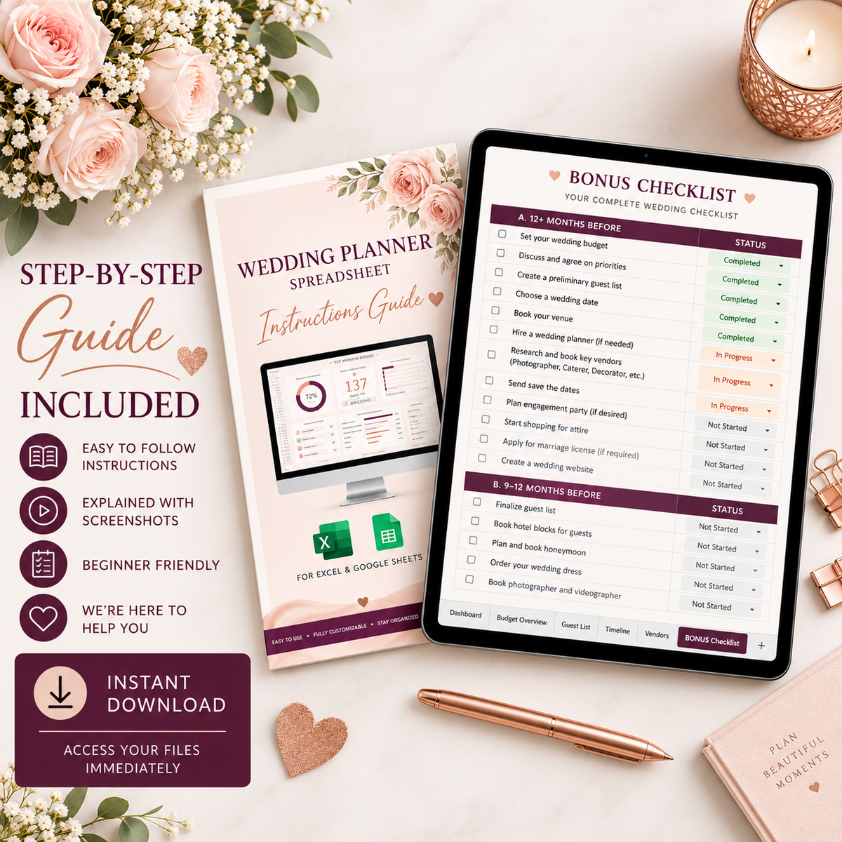 Wedding Planner Spreadsheet Excel Template 21 Tabs Digital Wedding Planning Budget Tracker