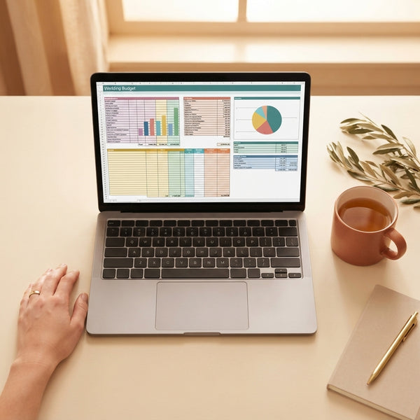 A woman planning a wedding on a laptop at a organized desk with warm lighting, soft colors, and a coffee mug.