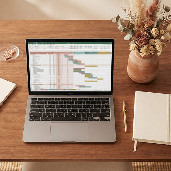 A clean workspace with a laptop showing a complex spreadsheet alongside wedding planning supplies in warm, neutral tones.