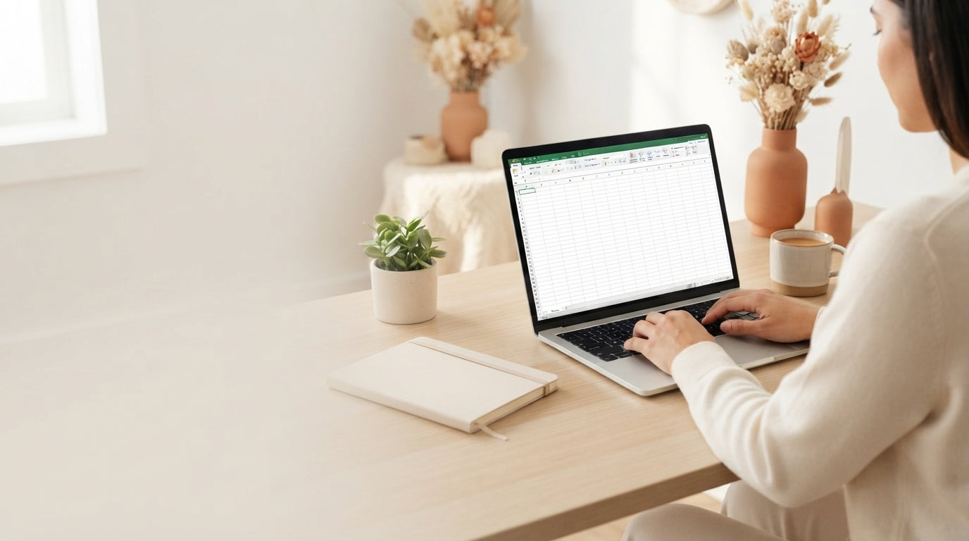 A laptop showing an organized wedding planning spreadsheet on a desk in a bright, modern room with soft decor.
