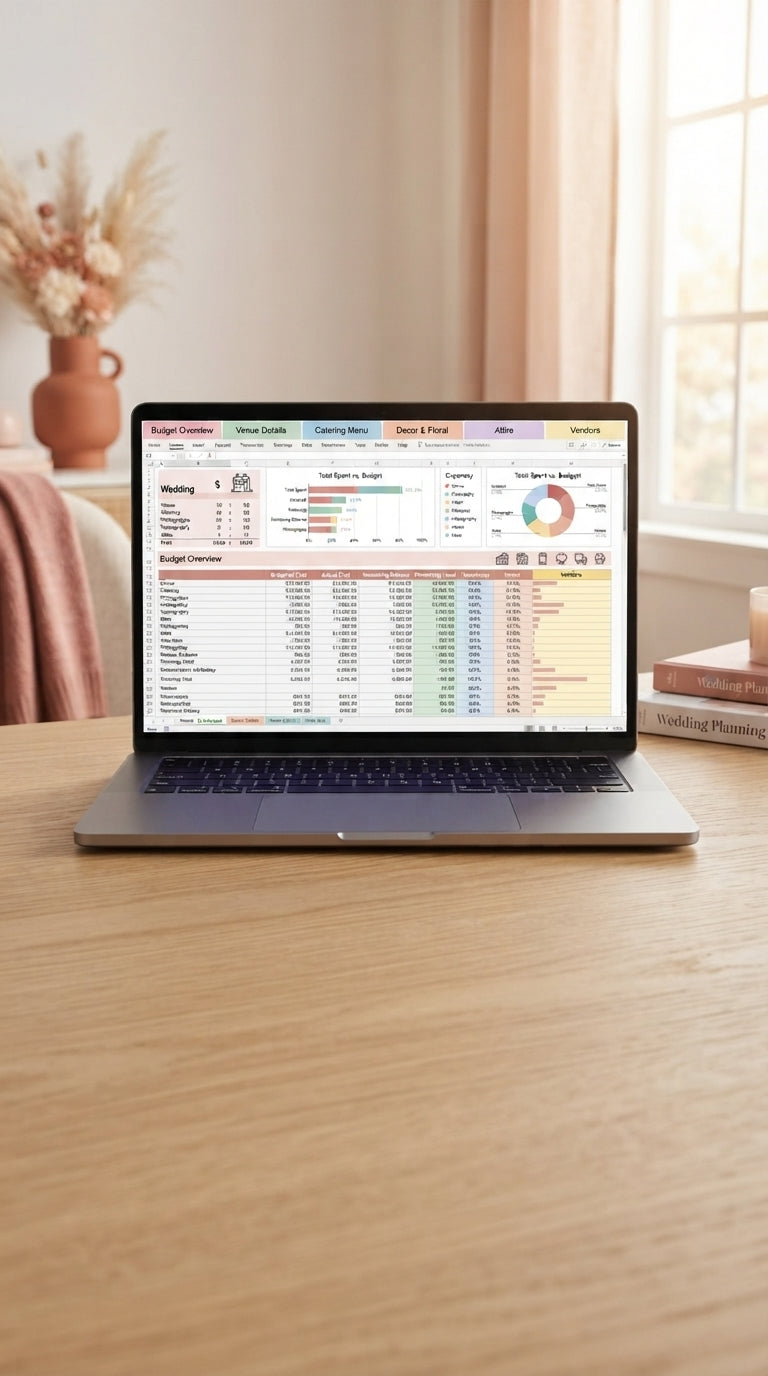 A laptop displaying a wedding planning spreadsheet on a clean desk with warm, soft lighting and plenty of negative space.