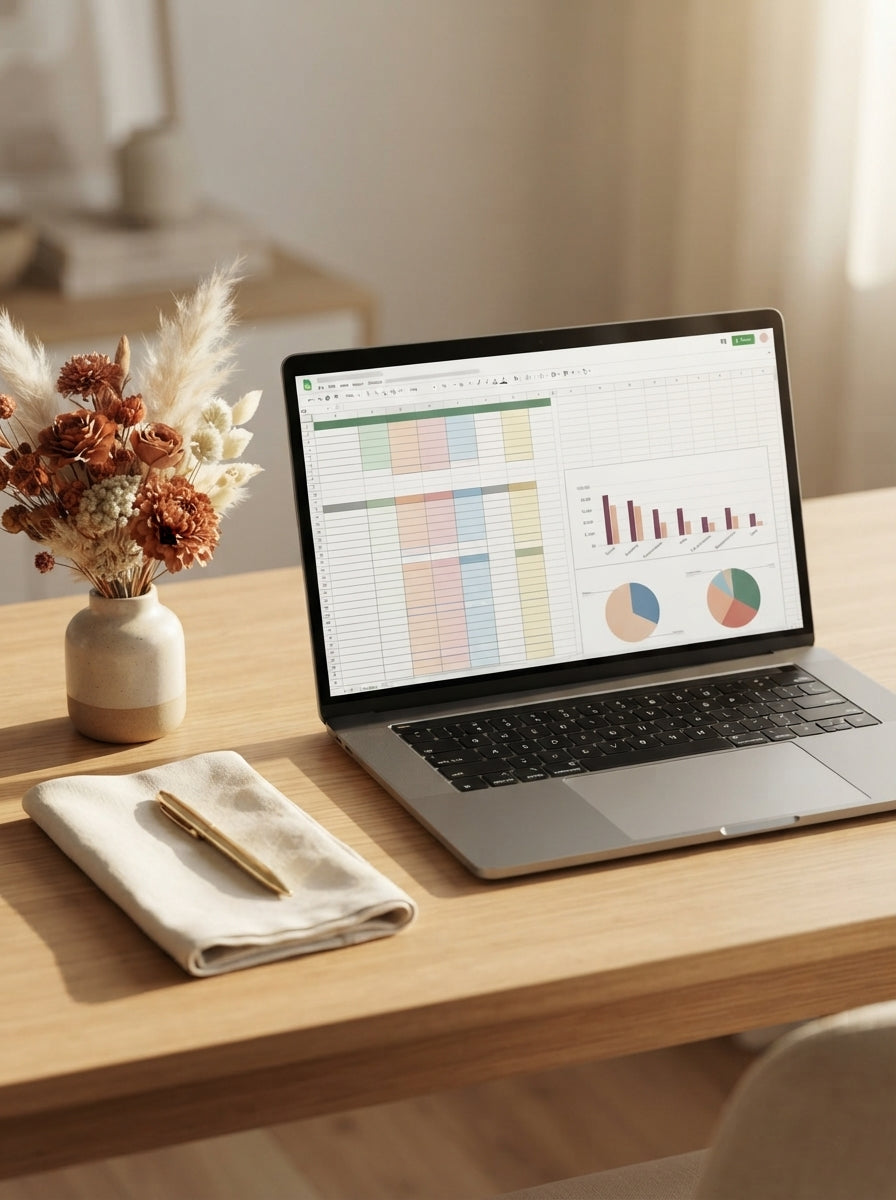 A modern, organized workspace with a laptop showing a detailed wedding planning spreadsheet, accented by dried flowers and go