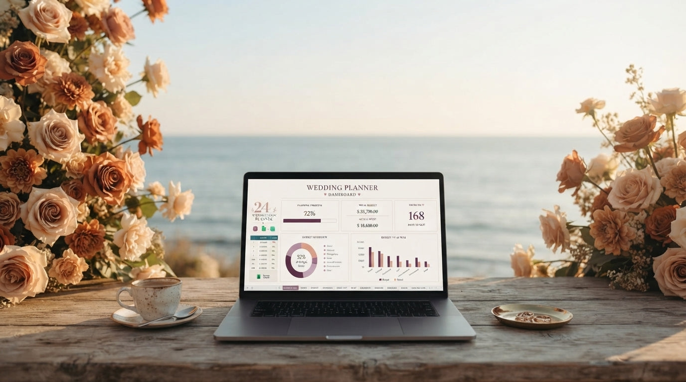An elegant outdoor workspace with flowers and a laptop overlooking a calm coastal landscape at golden hour.