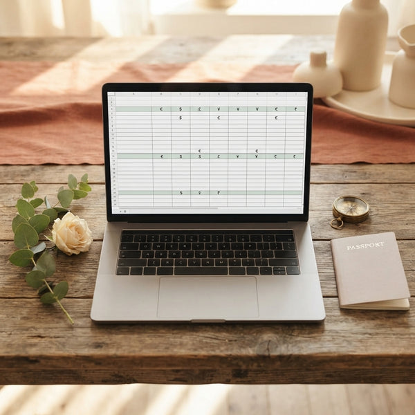 A laptop showing a wedding budget spreadsheet on a table with a passport and compass to represent destination wedding plannin